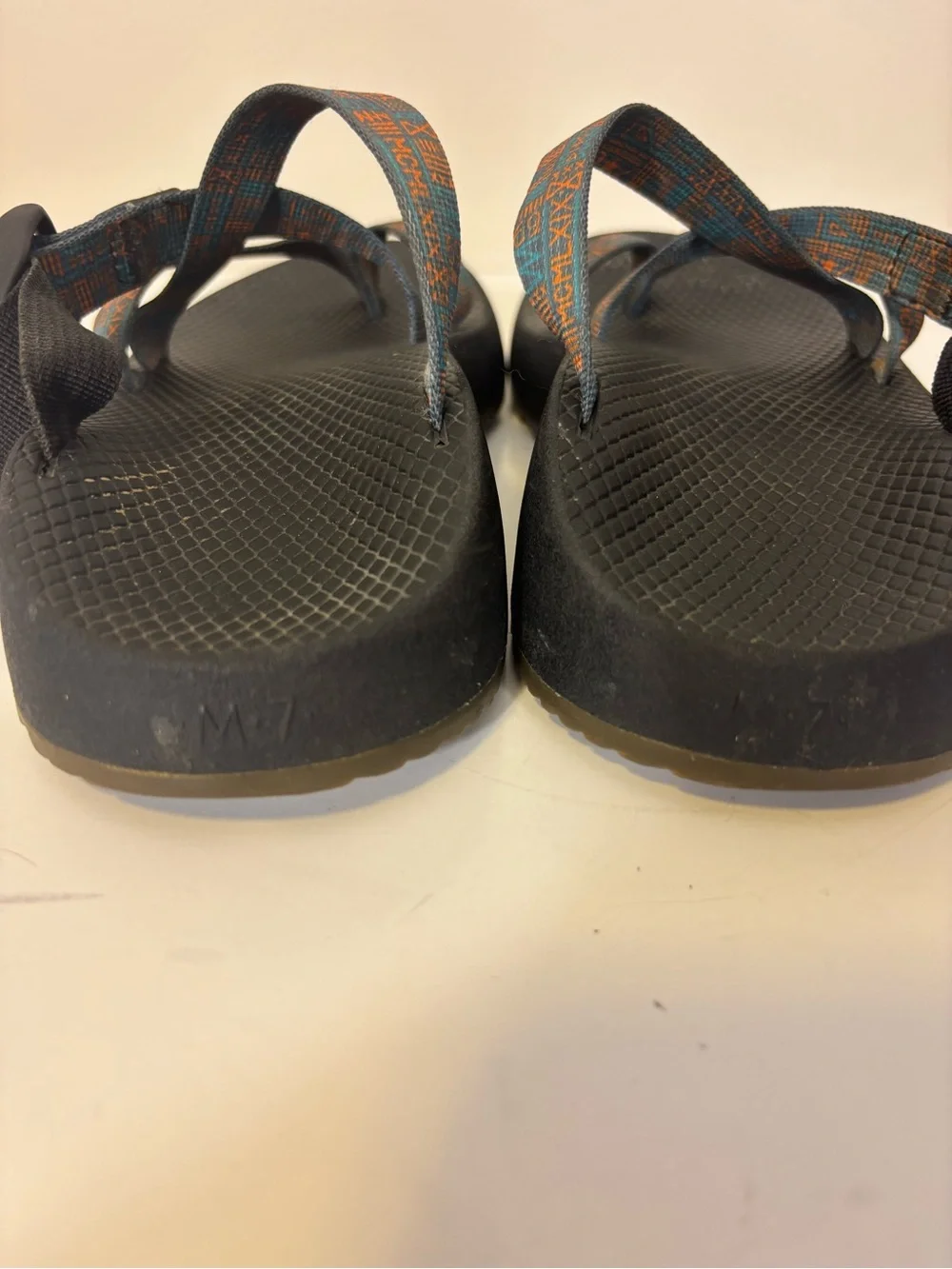 Chaco Black Sandals with Teal and Orange Patterned Straps Open Back Men’s 7